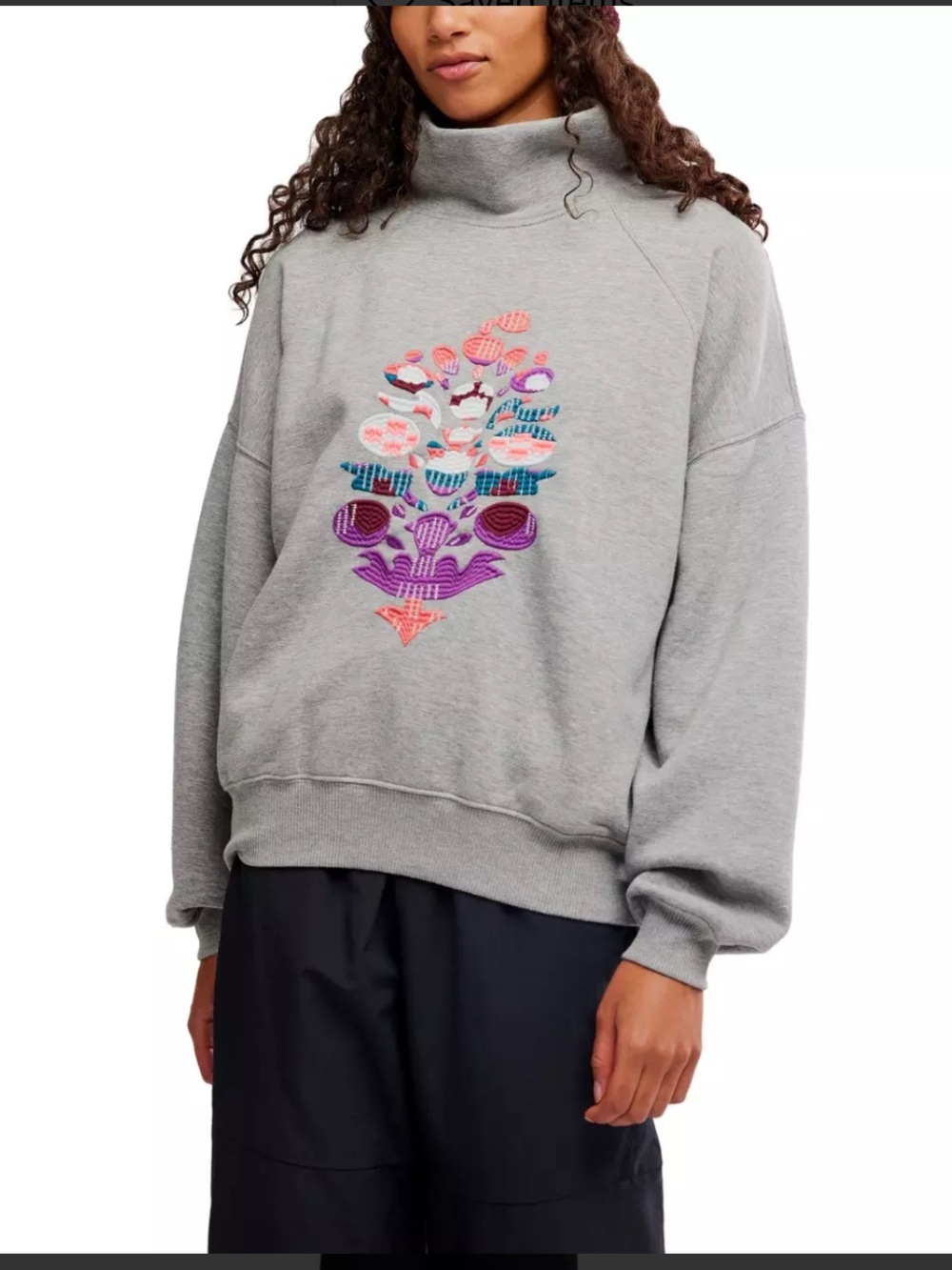 FP Movement On Your Mark Logo Mock Neck Sweatshirt Embroidered Floral S